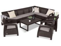 Brązowy zestaw ogrodowy dla 10 osób z narożnikiem, stołem podnoszonym i trzema fotelami Relly VII