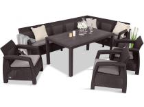 Zestaw dla 10 osób z narożnikiem, stołem obiadowym i trzema fotelami Rellme VII brązowy