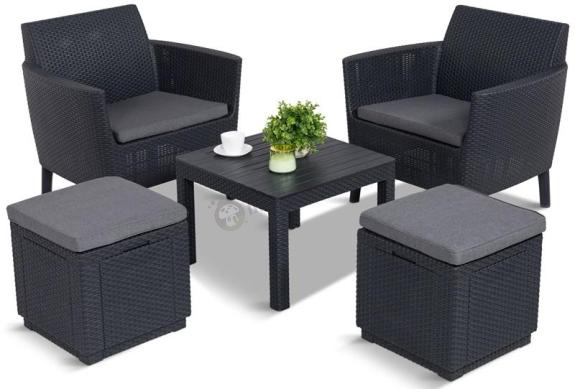 Grafitowy komplet na balkon dwa fotele Salemo ze stolikiem kawowym i dwiema pufami