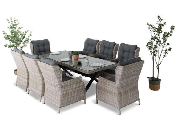 Komplet mebli obiadowych z technorattanu - stół z nogą X + 8 foteli - Laritto Creme