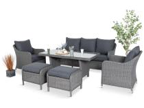 Szary zestaw mebli ogrodowych - sofa, fotele, pufy i wysoki stół - Novici Dining