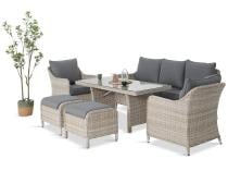 Zestaw mebli technorattanowych z sofą 180cm, fotelami, pufami i wysokim stołem Novici Dining Creme