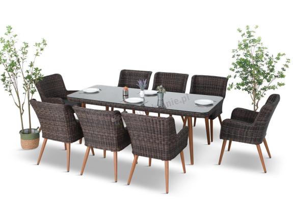 OUTLET - Brązowy zestaw ogrodowy ze stołem obiadowym 220cm i 8 fotelami technorattanowymi Tonitto Dining 8+1