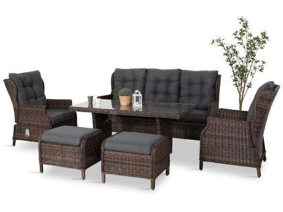 Meble technorattanowe premium na taras Laritto Dining + pufy - Dark Brown