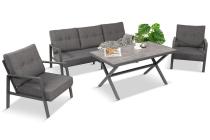 Grafitowy komplet mebli ogrodowych z wysokim stołem, sofą i fotelami - Elke Dining - Grey
