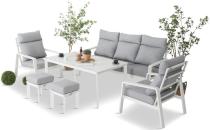 Nowoczesny zestaw białych mebli ogrodowych - sofa 202cm, stół obiadowy, fotele i pufy - Renalo Dining White