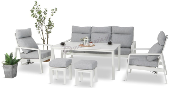 Aluminiowy komplet białych mebli na taras z regulowanymi fotelami, sofą i stołem obiadowym - Renalo Dining Relax White