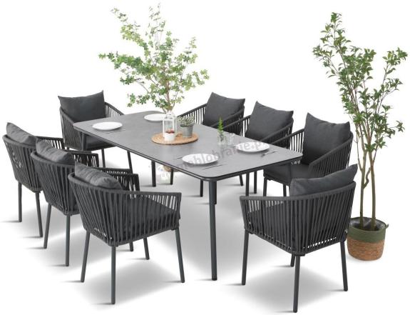 Grafitowy zestaw mebli obiadowych na taras dla 8 osób - Kostto Dining 8+1