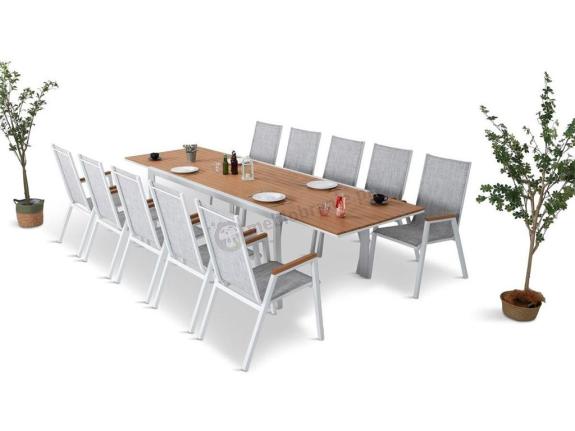 Meble ogrodowe dla 10 osób - stół 200-320cm + krzesła - Frabe 10+1 - White