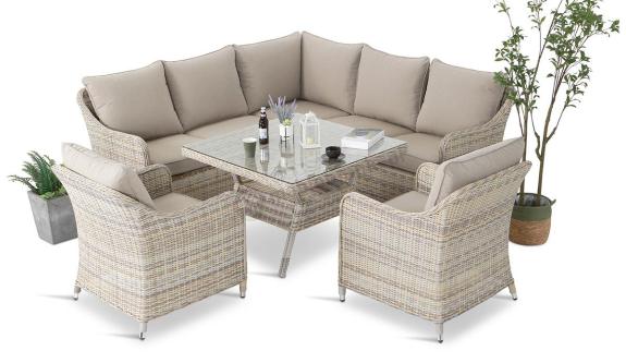 Narożnik tarasowy 207x207cm ze stołem obiadowym 95x95cm i fotelami Novici - Beige