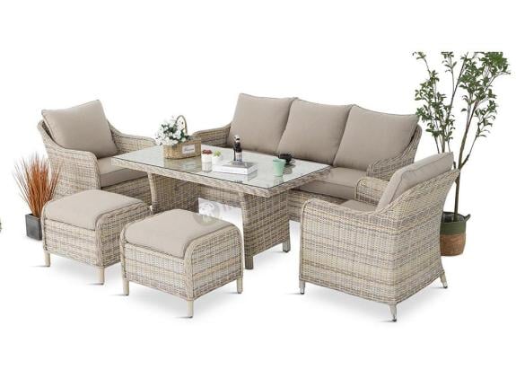 Technorattanowy komplet mebli z sofą 180cm, fotelami, pufami i wysokim stołem Novici Dining Beige