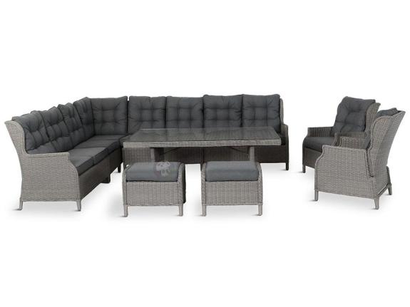 Szary narożnik ogrodowy z wysokim stołem, regulowanymi fotelami i pufami - Laritto Corner XL - Grey