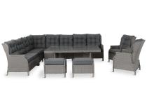 Szary narożnik ogrodowy z wysokim stołem, regulowanymi fotelami i pufami - Laritto Corner XL - Grey