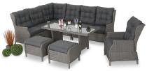 Szary narożnik tarasowy ze stołem 150cm, regulowanym fotelem i pufami - Laritto Corner