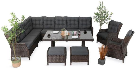 Brązowy narożnik na taras Laritto Corner XL + 2x regulowany fotel i pufy - Dark Brown