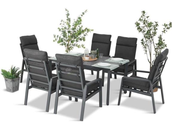 Grafitowe meble obiadowe na taras - stół 150cm + 6 foteli - Renalo Dining 6+1