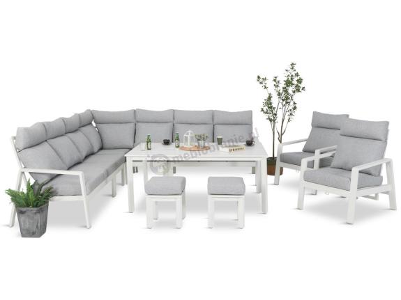 Duży narożnik na taras 278x278cm, stół 160cm, regulowane fotele i pufy - Renalo Corner XL - White