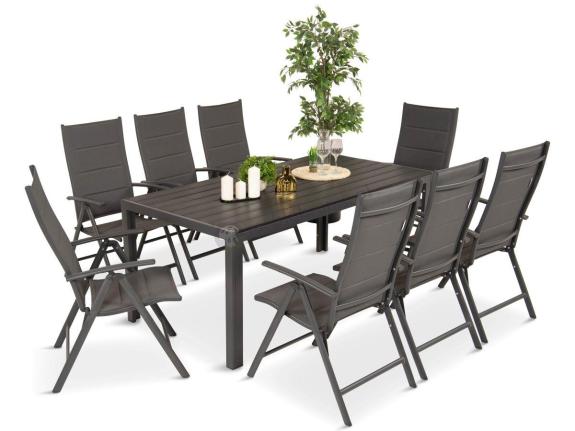 Grafitowe meble ogrodowe aluminiowe - stół 180cm i składane krzesła - Kanbery Antracite 8+1