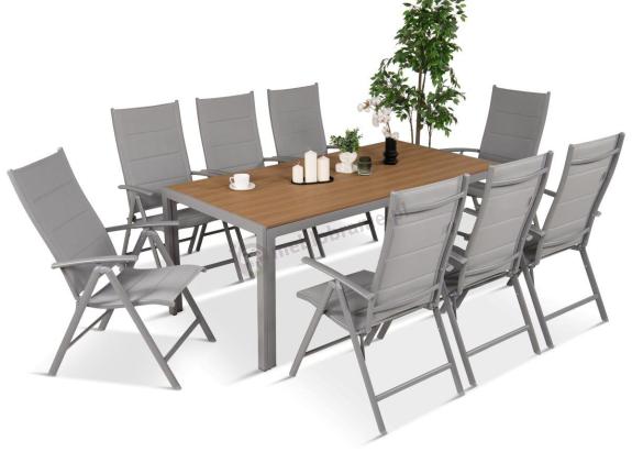Szare meble ogrodowe - komplet stół i 8 regulowanych krzeseł - Kanbery Wood Silver 8+1