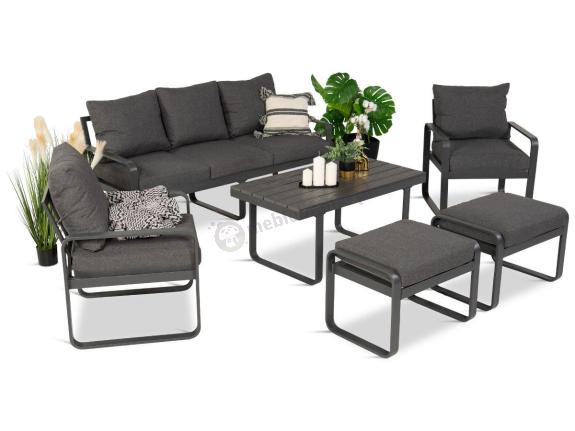 Grafitowy zestaw mebli na taras - sofa 175cm, 2 fotele i 2 pufy - Panaon Dining DG