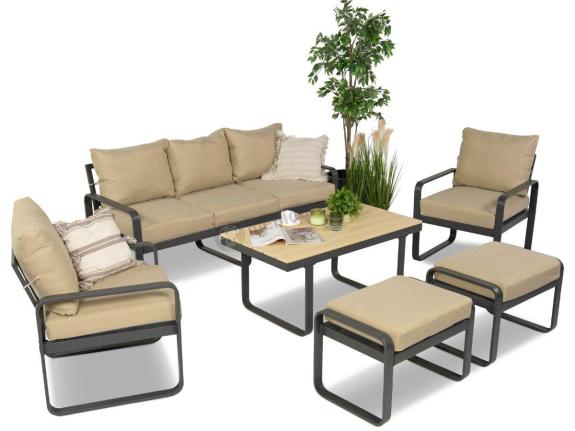 Komplet mebli na taras dla 7 osób - sofa 175cm, fotele i pufy - Panaon Dining WB