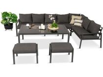Narożnik na taras na metalowym stelażu ze stołem 160cm i pufami - Sodor Corner XXL - Dark Grey