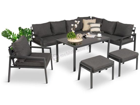 OUTLET - Komplet ogrodowy metalowy z narożnikiem, fotelem i pufami - Sodor Corner XL - Dark Grey