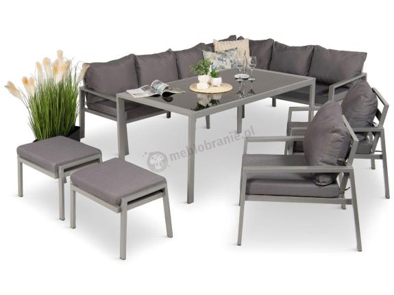 Nowoczesny narożnik ogrodowy z fotelami, pufami i stołem obiadowym 160cm Sodor Corner XL - Silver