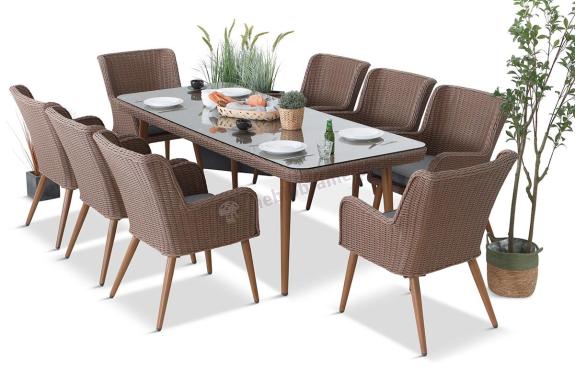 Brązowy zestaw ogrodowy ze stołem obiadowym 220cm i 8 fotelami technorattanowymi Tonitto Dining 8+1 Brown