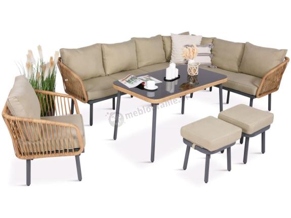 Nowoczesny beżowy narożnik ogrodowy 8 osób z fotelem, pufami i stołem 120cm Postigo Corner XL Nature
