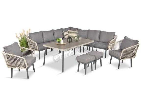 Modułowy narożnik na taras 240x240cm z fotelami, pufami i stołem Postigo Corner XXL Light Grey