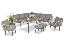 Modułowy narożnik na taras 240x240cm z fotelami, pufami i stołem Postigo Corner XXL Light Grey