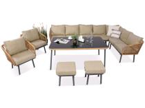 Duży nowoczesny kremowy narożnik tarasowy z wysokim stołem, fotelami i pufami Postigo Corner XXL Nature