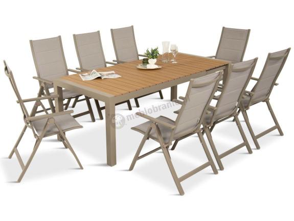 Aluminiowe meble obiadowe na taras - stół rozkładany do 210cm i 8 składanych krzeseł Tanami Daven Taupe