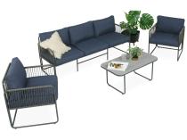 Szaro granatowy komplet wypoczynkowy na taras Rope Style z sofą 176cm i dwoma fotelami Kibi