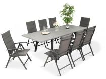 Meble ogrodowe Kantara z jasnoszarym rozkładanym stołem 241cm i 8 składanymi krzesłami grafitowymi