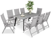 Meble obiadowe ogrodowe Kantara ze stołem 160-240cm i 8 składanymi krzesłami jasnoszare