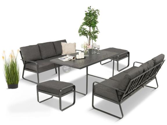 OUTLET - Grafitowe meble metalowe na taras dla 8 osób z 2 sofami i 2 pufami Ater - Dark Grey