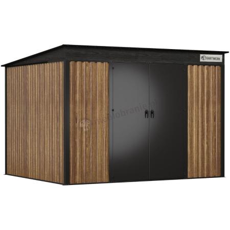 Brązowa szopa na narzędzia Nittel Plus 300x240 cm - drzwi na zawiasach - Wooden