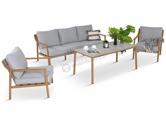Nowoczesny zestaw mebli Origo z sofą, fotelami i stolikiem - imitacja drewna - Light Grey