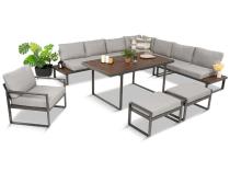 Metalowy narożnik na taras z dużym, wysokim stołem 160cm i fotelem - Panaon Corner XXL - Light Grey