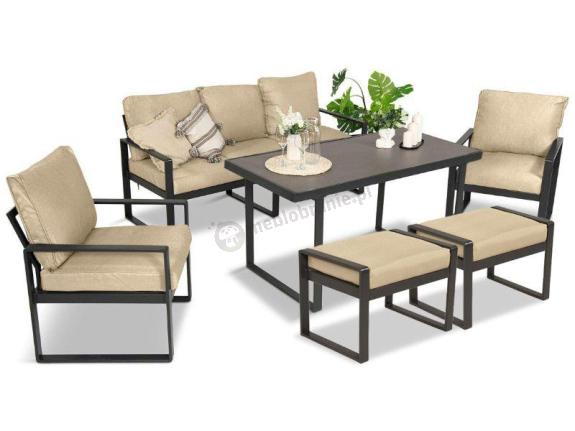 Zestaw mebli tarasowych - sofa 175cm, 2 fotele, 2 pufy, stolik szklany blat - Panaon Elite Plus Beige