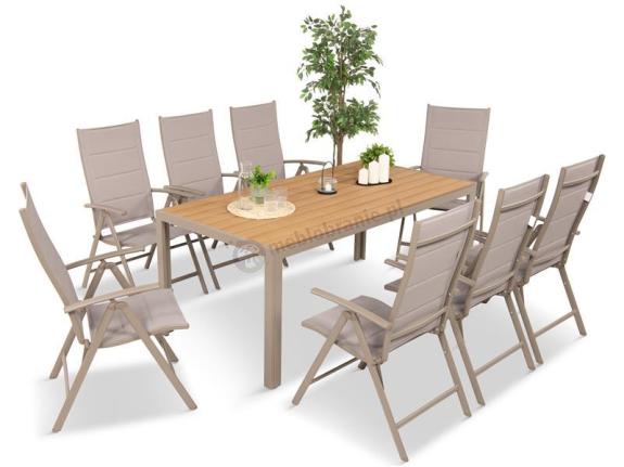 Zestaw ogrodowy stół 180cm i 8 regulowanych krzeseł aluminiowych - Kanbery Wood Taupe 8+1