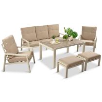 Beżowy komplet aluminiowych mebli na taras dla 7 osób - sofa 200cm, fotele i pufy - Tavaro