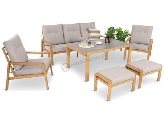 Komplet mebli na taras z sofą, dwoma fotelami i pufami - imitacja drewna - Tavaro Dining Wood