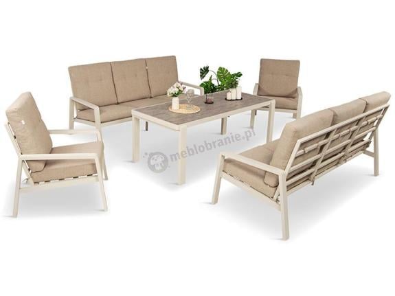 Komplet mebli na taras dla 8 osób - 2 sofy, 2 fotele i wysoki stół - Tavaro Grande Cream