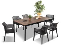 Meble obiadowe na taras Portis ze stołem 200cm w kolorze orzecha i 6 fotelami