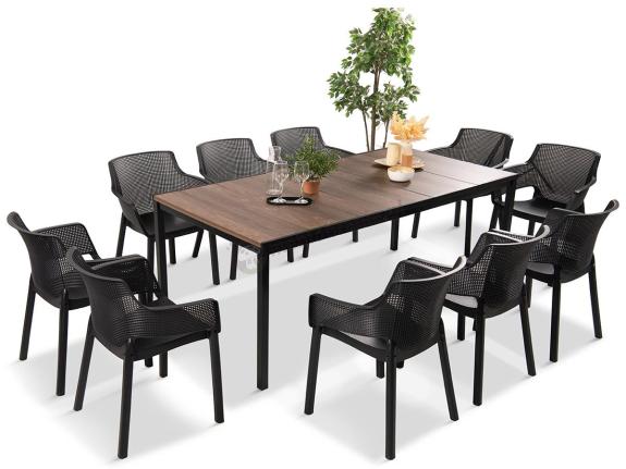 Nowoczesne meble obiadowe dla 10 osób do ogrodu Portis ze stołem 200cm i blatem w kolorze drewna