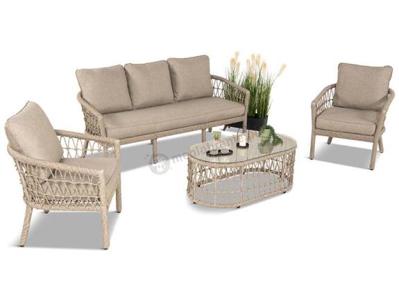 OUTLET - Zestaw mebli na taras w stylu rope - sofa 3 osobowa, fotele i stolik - Lirana - Cream