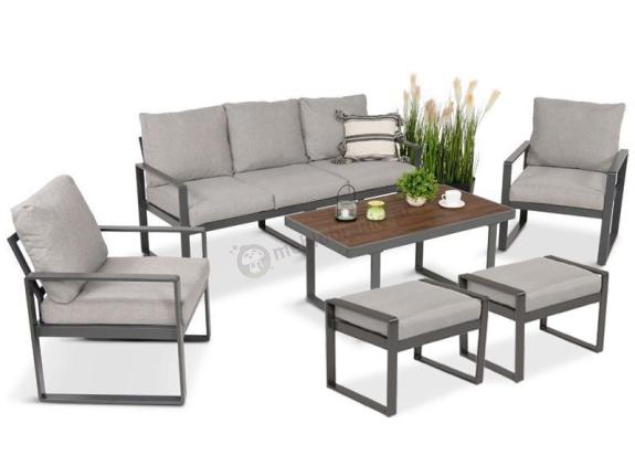 Metalowe meble tarasowe - sofa 175cm, fotele, pufy i stolik kawowy - Panaon Dining Light Grey